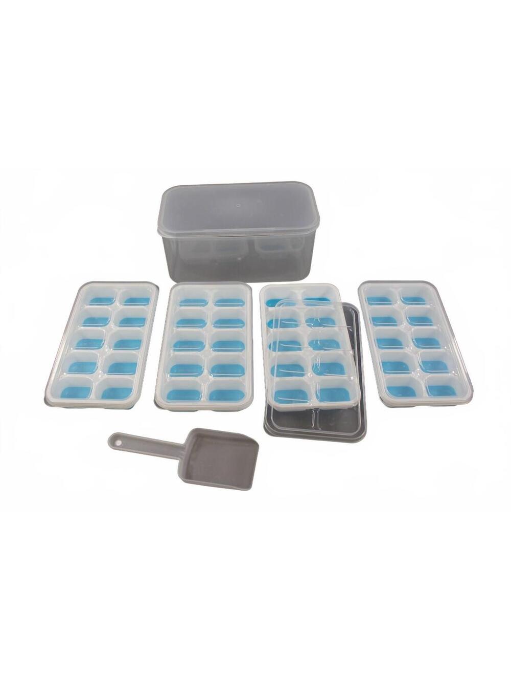 6pc Ice Cube Tray Bin Set with Lid & Scoop Stackable Blue